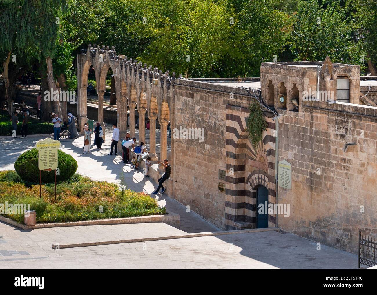 Sanliurfa/Turkey- September 15 2020: People enjoy near the wall of Halil-ur Rahman Mosque. Stock Photo