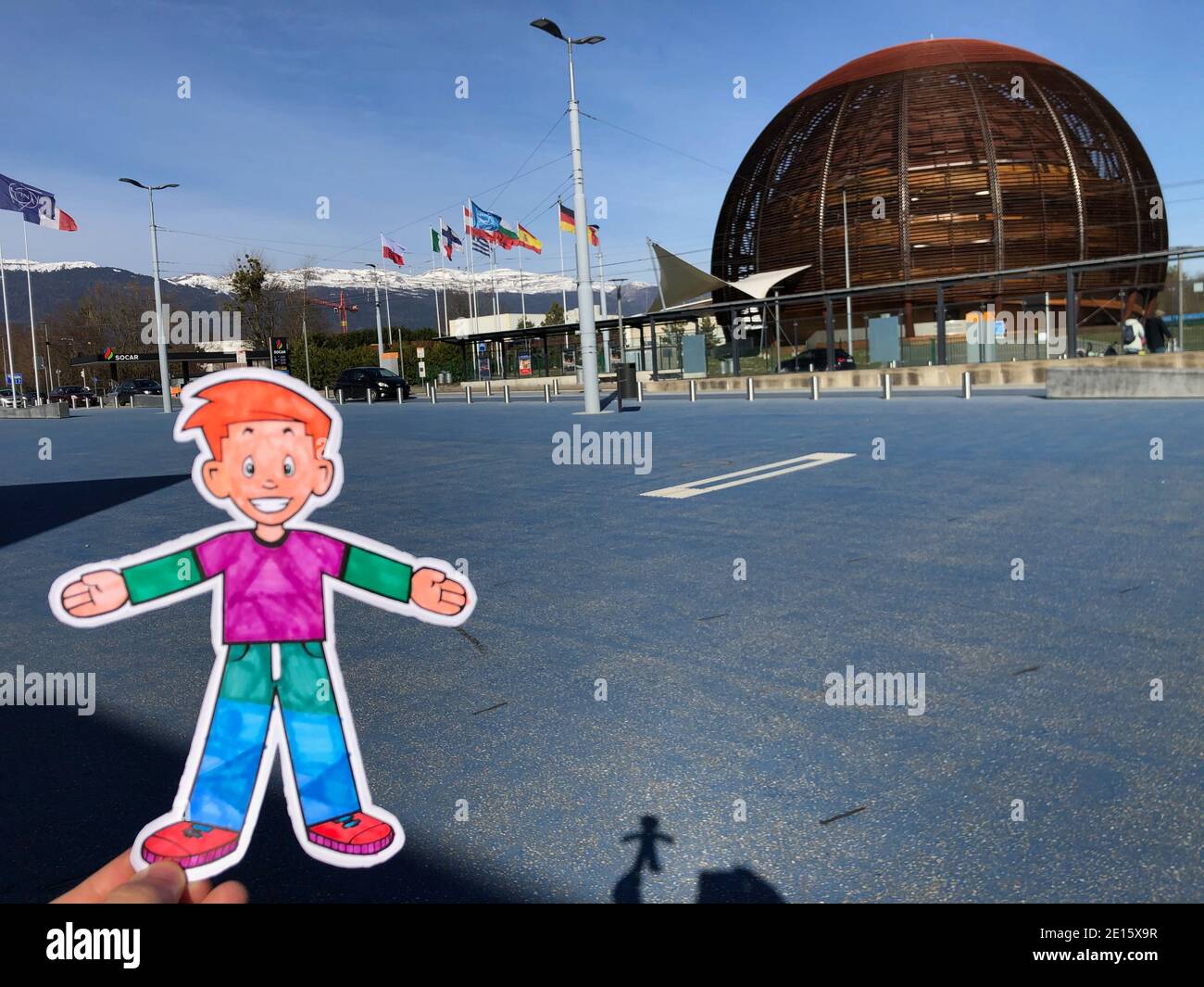 Flat Stanley travels to CERN Geneva Switzerland Stock Photo