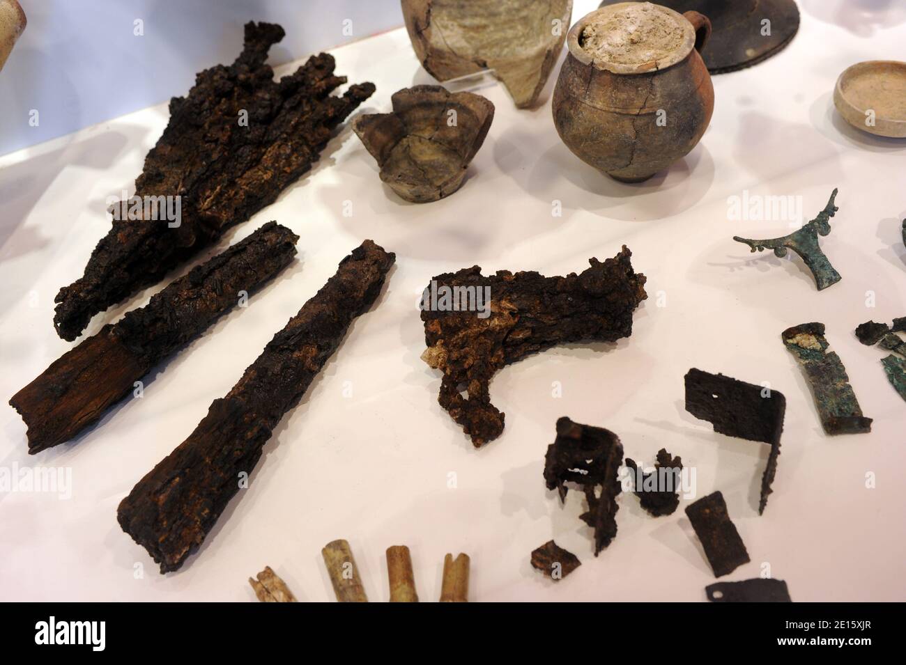 Objects found on the floor of residential rooms and in the layers of fire damage after Rome has been consumed by flames in 64 AD are pictured at the exhibit 'Nerone', examining the life and dark legends of Emperor Nero (37-68 AD), which opens in Rome ,Italy on April 12, 2011 across five different landmarks of the ancient imperial capital. Nero has been infamous throughout history for tyranny, extravagance, cold-blooded murder, and cruel persecution of Christians. Ancient Roman historians accused him of killing his mother, stepbrother and two wives, and of burning Christians at night in his gar Stock Photo