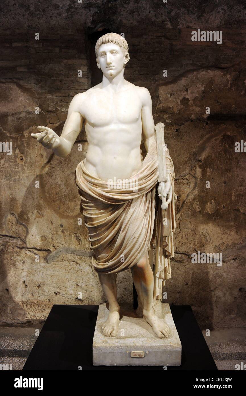 A marble statue of a youth so-called Britannicus is pictured in the Neronian Cryptoporticus in Rome, Italy on april 12,2011.The exhibit 'Nerone', examining the life and dark legends of Emperor Nero (37-68 AD), opens in Rome across five different landmarks of the ancient imperial capital. Nero has been infamous throughout history for tyranny, extravagance, cold-blooded murder, and cruel persecution of Christians. Ancient Roman historians accused him of killing his mother, stepbrother and two wives, and of burning Christians at night in his garden for firelight. He was known as the emperor 'who Stock Photo