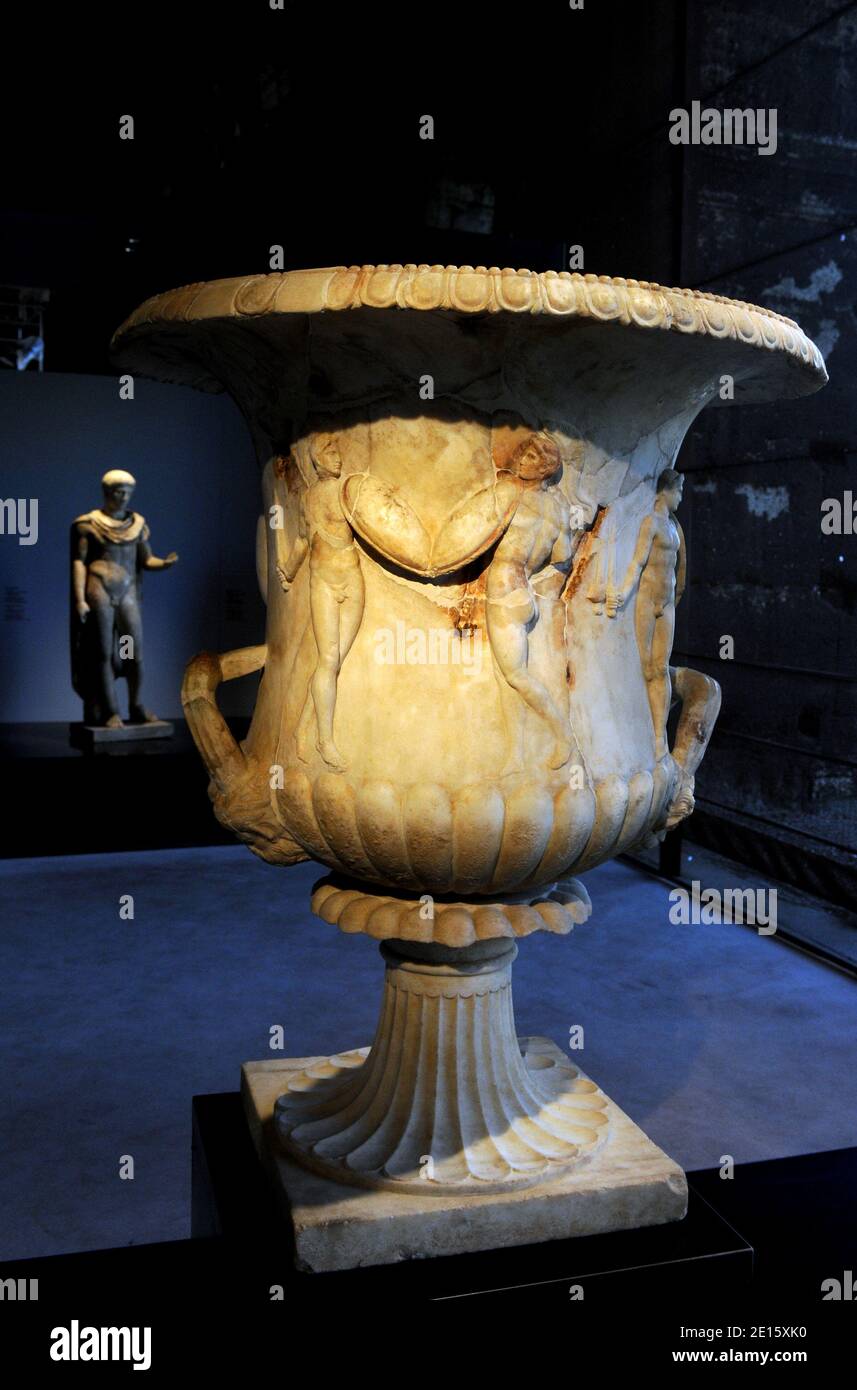 Neo-attic marble krater from the Villa of Poppaea is pictured at the exhibit 'Nerone', examining the life and dark legends of Emperor Nero (37-68 AD), which opens in Rome ,Italy on April 12, 2011 across five different landmarks of the ancient imperial capital. Nero has been infamous throughout history for tyranny, extravagance, cold-blooded murder, and cruel persecution of Christians. Ancient Roman historians accused him of killing his mother, stepbrother and two wives, and of burning Christians at night in his garden for firelight. He was known as the emperor 'who fiddled while Rome burned', Stock Photo