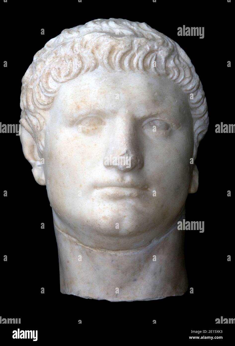 Portrait of Nero presented at the exhibit 'Nerone', examining the life and dark legends of Emperor Nero (37-68 AD), which opens in Rome ,Italy on April 12, 2011 across five different landmarks of the ancient imperial capital. Nero has been infamous throughout history for tyranny, extravagance, cold-blooded murder, and cruel persecution of Christians. Ancient Roman historians accused him of killing his mother, stepbrother and two wives, and of burning Christians at night in his garden for firelight. He was known as the emperor 'who fiddled while Rome burned', although fiddles weren?t invented f Stock Photo