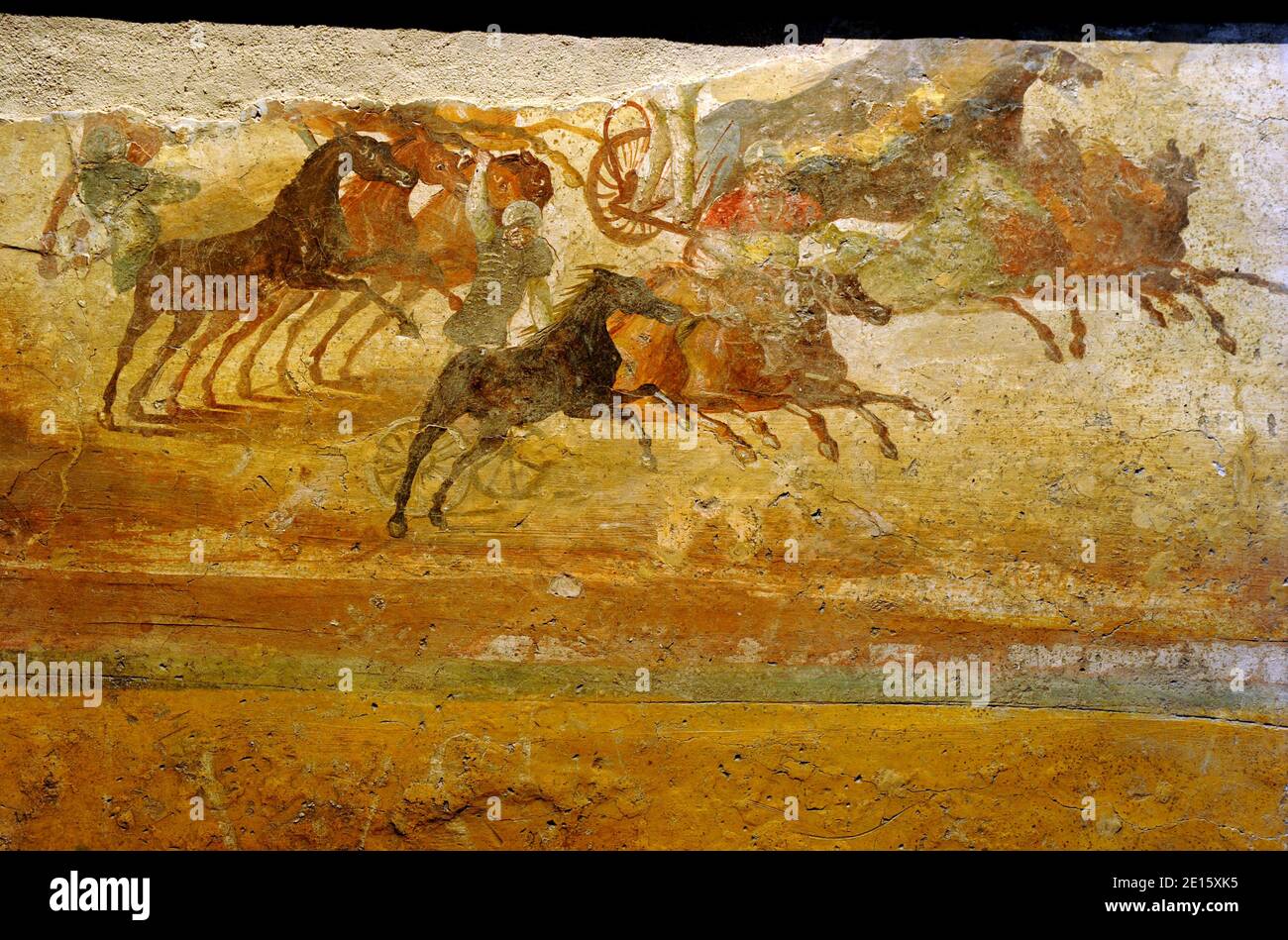 Fresco depicting chariot race is pictured at the exhibit 'Nerone', examining the life and dark legends of Emperor Nero (37-68 AD), which opens in Rome ,Italy on April 12, 2011 across five different landmarks of the ancient imperial capital. Nero has been infamous throughout history for tyranny, extravagance, cold-blooded murder, and cruel persecution of Christians. Ancient Roman historians accused him of killing his mother, stepbrother and two wives, and of burning Christians at night in his garden for firelight. He was known as the emperor 'who fiddled while Rome burned', although fiddles wer Stock Photo