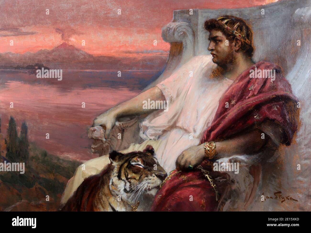 'Nero in Baia' painted by Jan Styka is presented at the exhibit 'Nerone', examining the life and dark legends of Emperor Nero (37-68 AD), which opens in Rome ,Italy on April 12, 2011 across five different landmarks of the ancient imperial capital. Nero has been infamous throughout history for tyranny, extravagance, cold-blooded murder, and cruel persecution of Christians. Ancient Roman historians accused him of killing his mother, stepbrother and two wives, and of burning Christians at night in his garden for firelight. He was known as the emperor 'who fiddled while Rome burned', although fidd Stock Photo