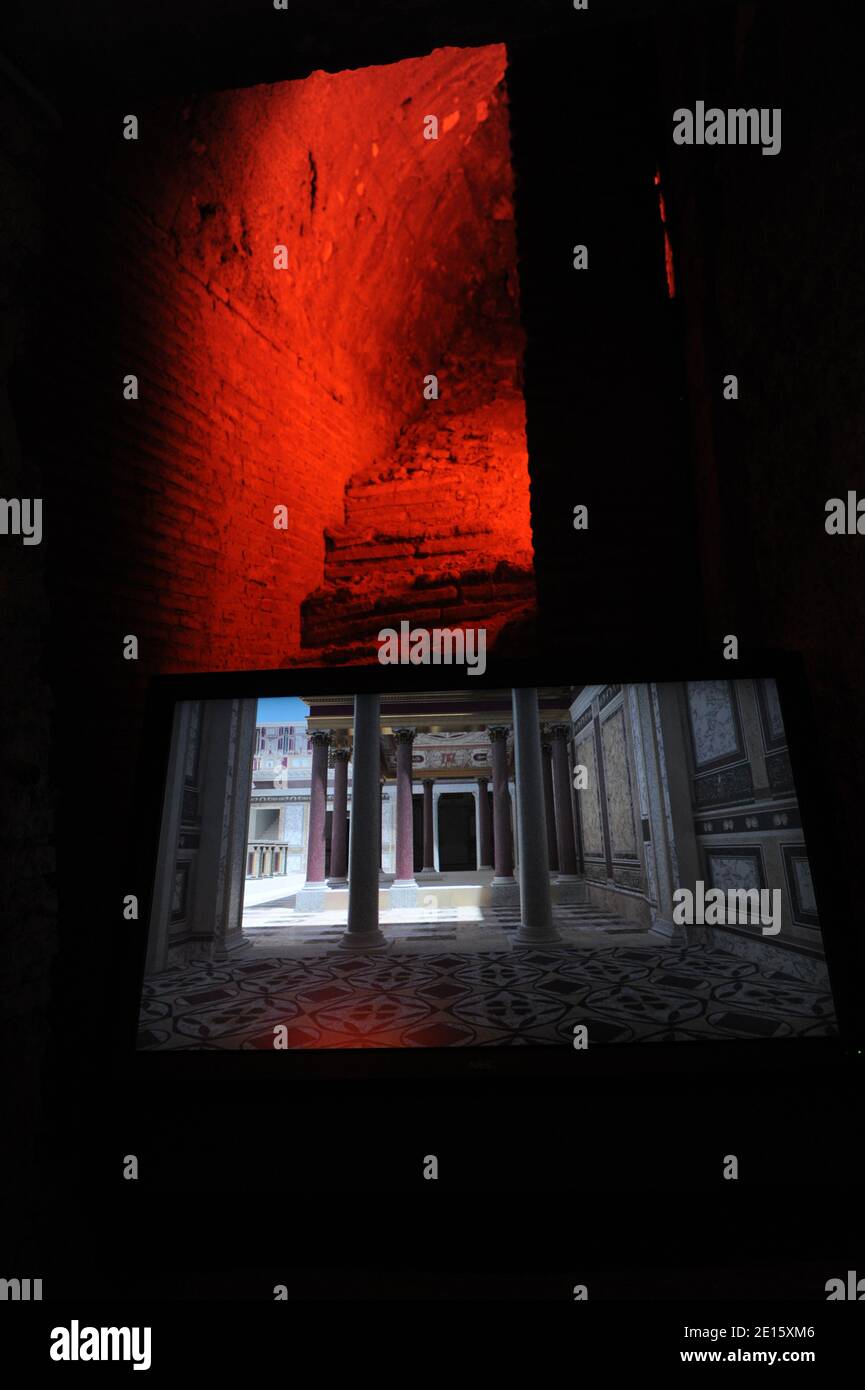 Video of the Domus Transitoria ,the first Neron's palace is pictured in the Neronian Cryptoporticus in Rome, Italy on april 12,2011. The exhibit 'Nerone', examining the life and dark legends of Emperor Nero (37-68 AD), opens in Rome ,Italy on April 12, 2011 across five different landmarks of the ancient imperial capital. Nero has been infamous throughout history for tyranny, extravagance, cold-blooded murder, and cruel persecution of Christians. Ancient Roman historians accused him of killing his mother, stepbrother and two wives, and of burning Christians at night in his garden for firelight. Stock Photo