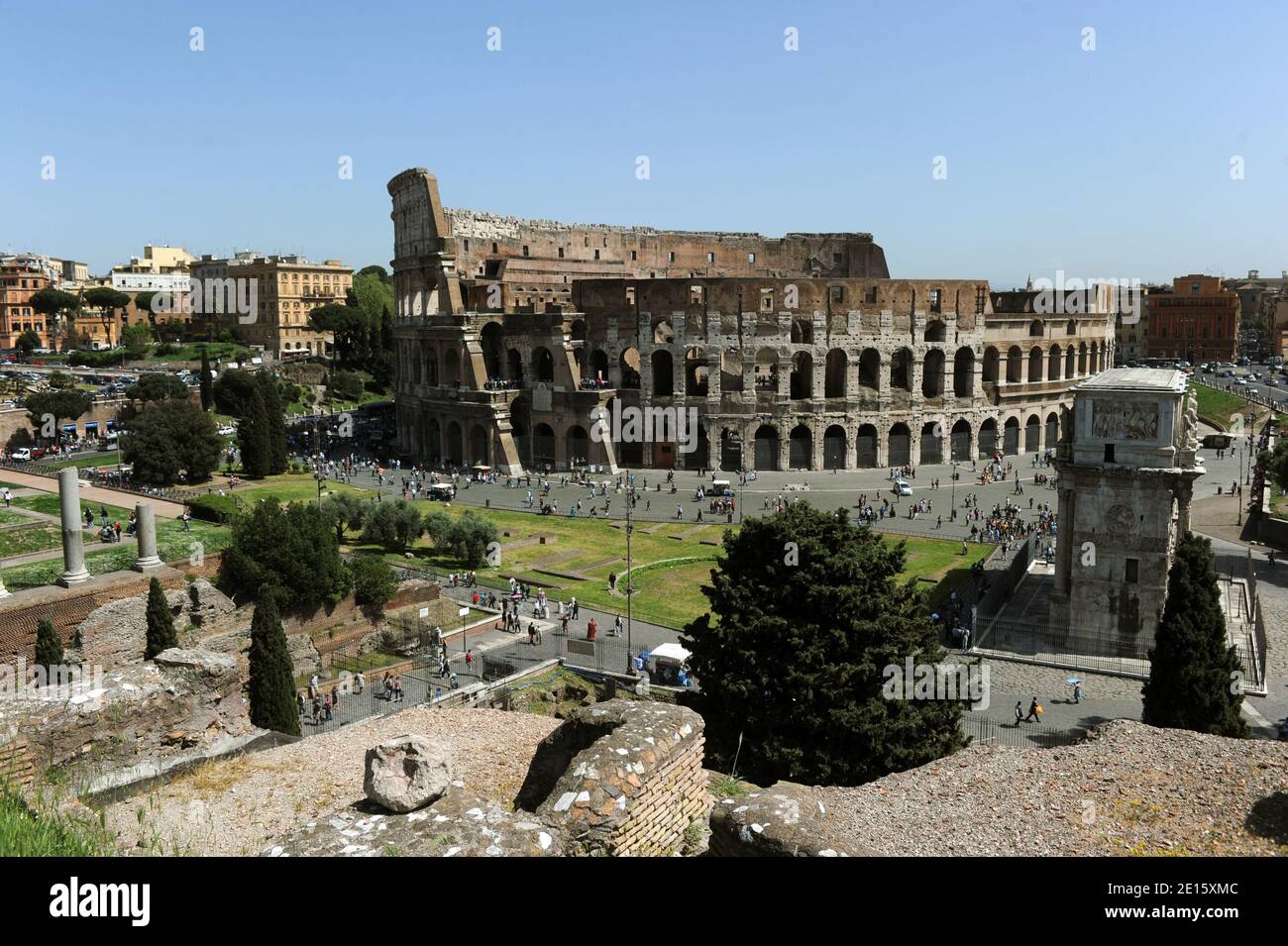 A view of the Colosseum as part of the exhibit 'Nerone', examining the life and dark legends of Emperor Nero (37-68 AD),which opens in Rome ,Italy on April 12, 2011 across five different landmarks of the ancient imperial capital. Nero has been infamous throughout history for tyranny, extravagance, cold-blooded murder, and cruel persecution of Christians. Ancient Roman historians accused him of killing his mother, stepbrother and two wives, and of burning Christians at night in his garden for firelight. He was known as the emperor 'who fiddled while Rome burned', although fiddles weren?t invent Stock Photo