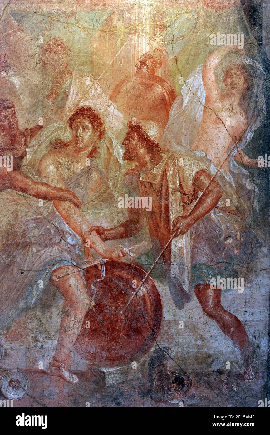Fresco depicting Achilles on Skyros (Pompeii, House if the Dioscuri)is pictured at the exhibit 'Nerone', examining the life and dark legends of Emperor Nero (37-68 AD), which opens in Rome ,Italy on April 12, 2011 across five different landmarks of the ancient imperial capital. Nero has been infamous throughout history for tyranny, extravagance, cold-blooded murder, and cruel persecution of Christians. Ancient Roman historians accused him of killing his mother, stepbrother and two wives, and of burning Christians at night in his garden for firelight. He was known as the emperor 'who fiddled wh Stock Photo