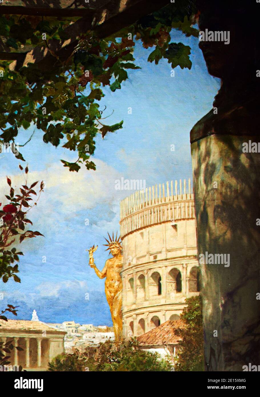 A painting of the Colosseum painted by Henryk H. Siemiradzki presented at the exhibit 'Nerone', examining the life and dark legends of Emperor Nero (37-68 AD), which opens in Rome ,Italy on April 12, 2011 across five different landmarks of the ancient imperial capital. Nero has been infamous throughout history for tyranny, extravagance, cold-blooded murder, and cruel persecution of Christians. Ancient Roman historians accused him of killing his mother, stepbrother and two wives, and of burning Christians at night in his garden for firelight. He was known as the emperor 'who fiddled while Rome Stock Photo