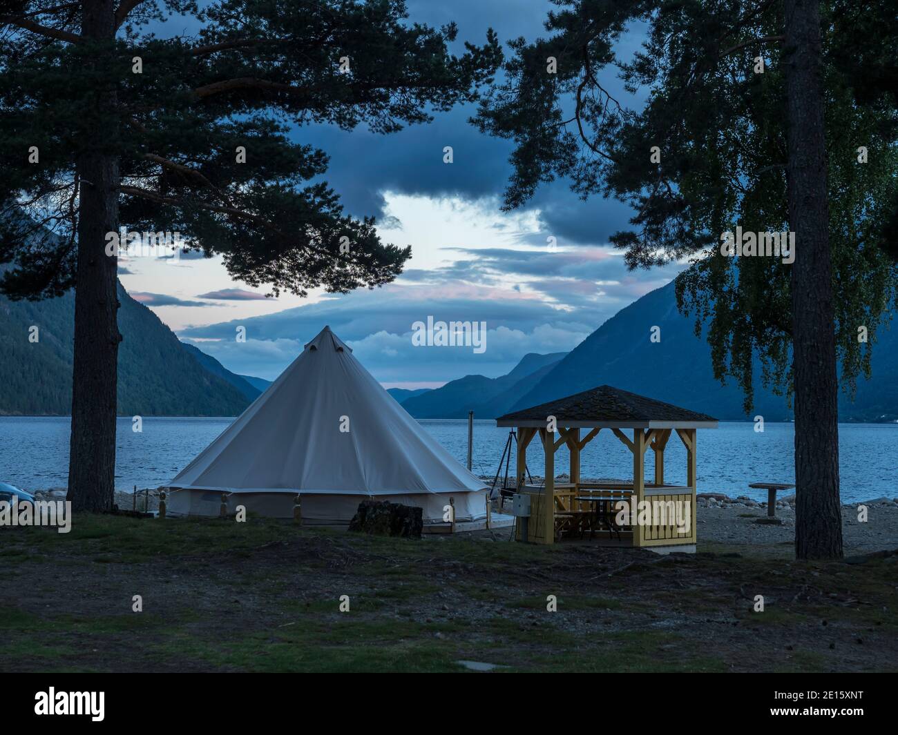 Large luxury tent,  campsite Sandviken at lake Tinnsja east of Rjukan, Telemark, Norway Stock Photo