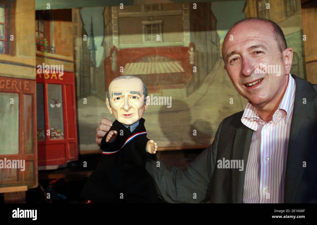 A new hand puppet with the head of Lyon's senatormayor Gerard Collomb in the puppet theater La