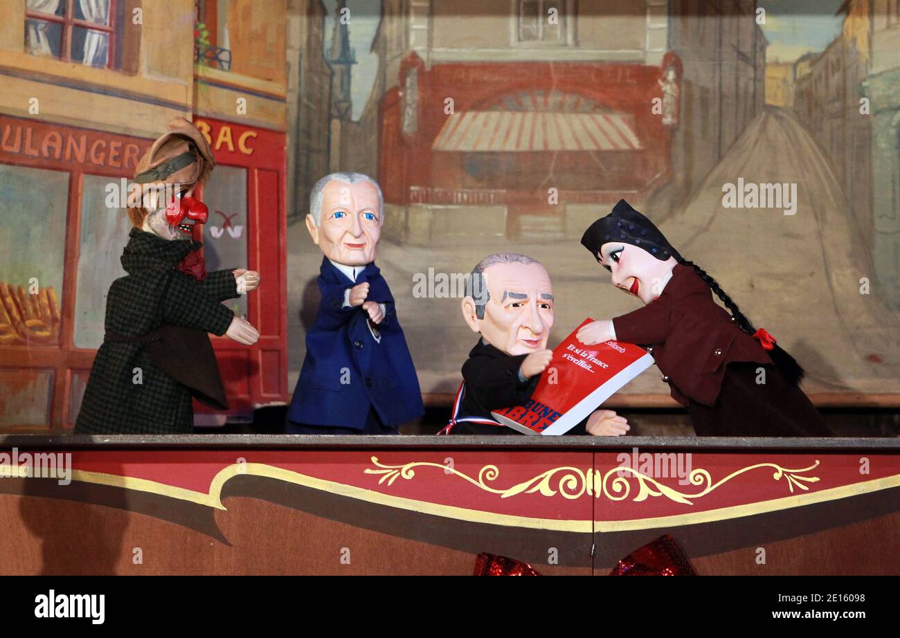 A new hand puppet with the head of Lyon's senatormayor Gerard Collomb in the puppet theater La