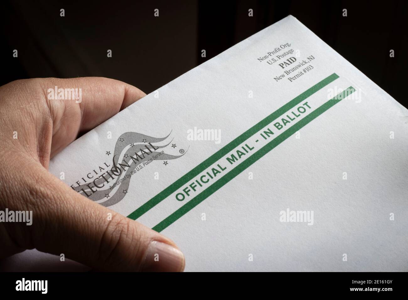 Hand holding official mail-in ballot for US general election Stock Photo