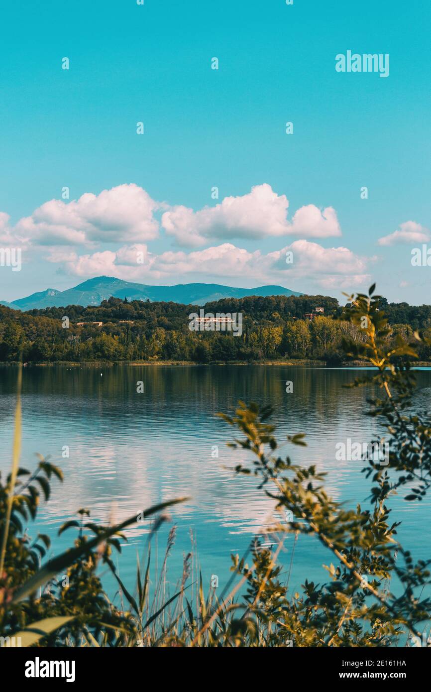 View of Banyoles Lake, in Gerona (Catalonia, Spain) with clear and blue skies on a sunny day Stock Photo