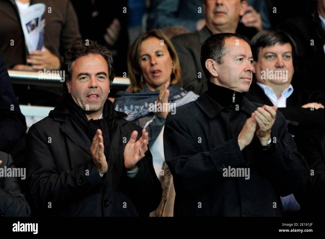 Education Minister Luc Chatel and PSG's President Robin Leproux during the French First League soccer match, Paris-St-Germain vs Lyon in Paris, France, on April 17th, 2011. PSG won 1-0. Photo by Henri Szwarc/ABACAPRESS.COM Stock Photo