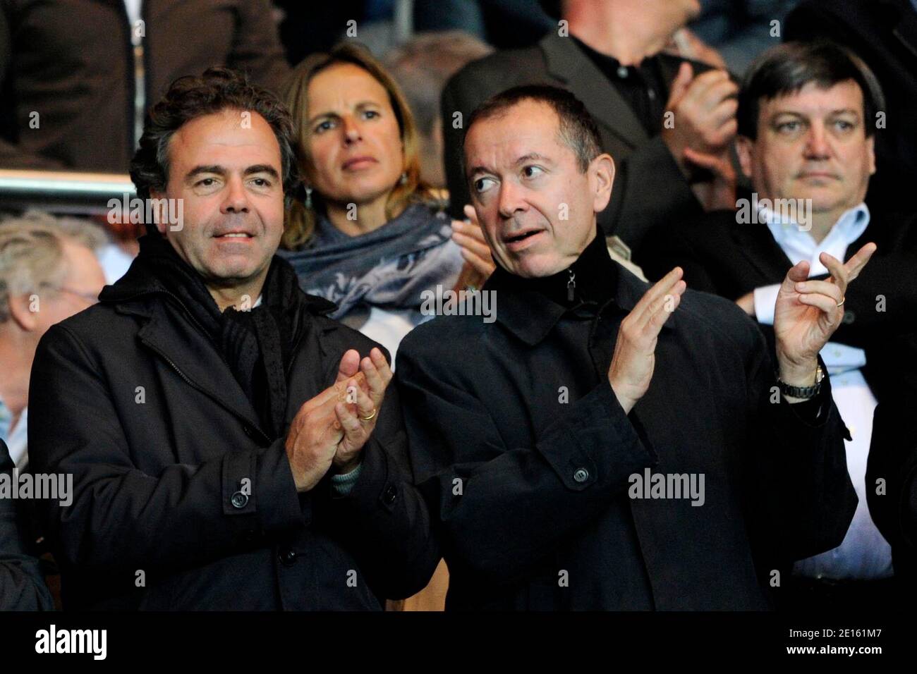 Education Minister Luc Chatel and PSG's President Robin Leproux during the French First League soccer match, Paris-St-Germain vs Lyon in Paris, France, on April 17th, 2011. PSG won 1-0. Photo by Henri Szwarc/ABACAPRESS.COM Stock Photo