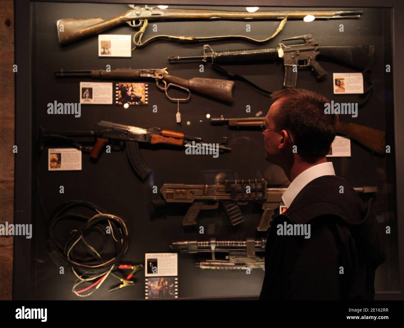 Various fake weapons are on display in the International Museum of the Miniature and Cinema Set, at the Maison des Avocats in Lyon, France on April 20, 2011. The museum displays the secrets and techniques of special effects' creators, movie sets, models, robots, imaginary creatures, fancies, costumes prosthesis and genuine devices from film sets. Photos by Vincent Dargent/ABACAPRESS.COM Stock Photo