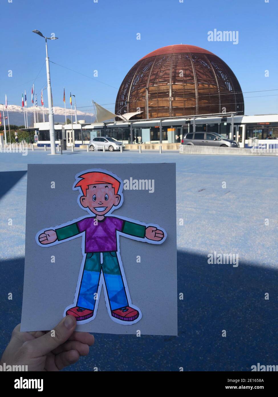 Flat Stanley travels to CERN Geneva Switzerland Stock Photo