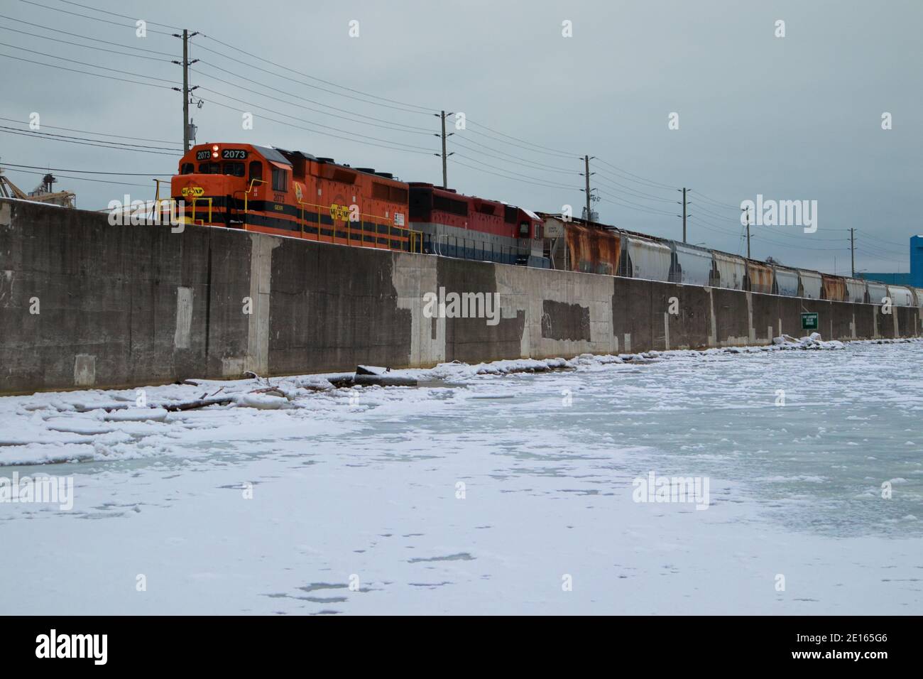 Freight train leaving the Port of Goderich facilities. Stock Photo