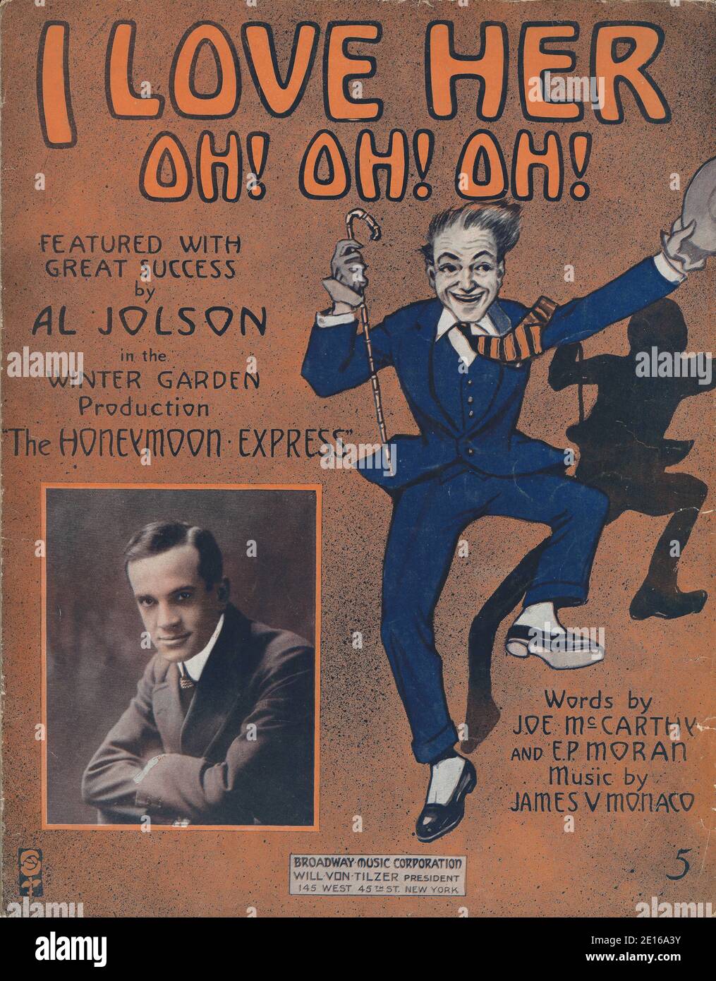 Al Jolson Song 'I Love Her, Oh! Oh! Oh!' from 'The Honeymoon Express' 1913 Musical Sheet Music Cover Stock Photo