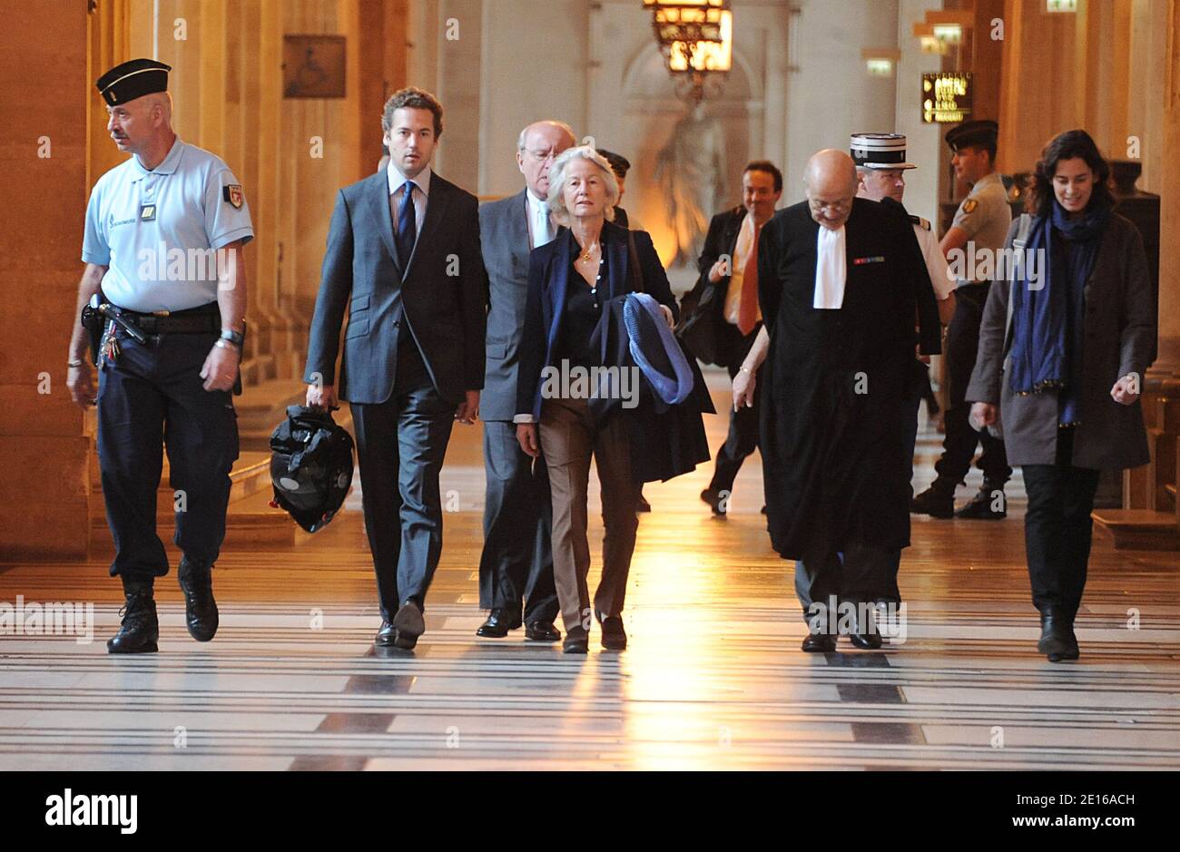 Dominique Erignac, widow of former French prefect Claude Erignac with her son, her daughter and her lawyer Philippe Lemaire arrive at Paris court hall in Paris, France on May 2, 2011 for the opening of Yvan Colonna's appeal trial for the murder in 1998 of Claude Erignac, France's top state official on the Mediterranean island of Corsica. Photo by Giancarlo Gorassini/ABACAPRESS.COM Stock Photo