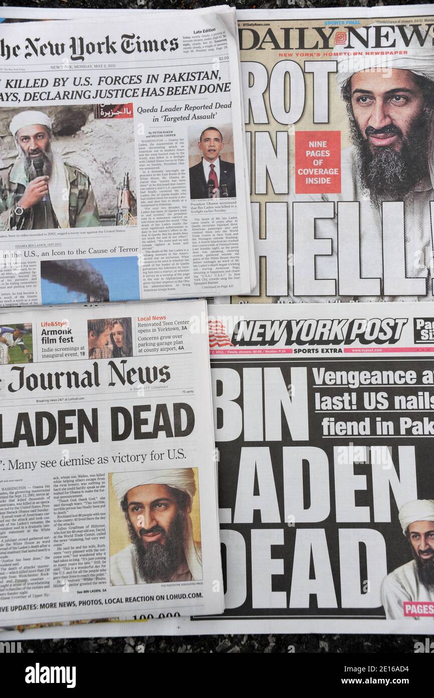 New York papers reporting the death of Bin Laden in New York, NY, USA on May 2, 2011. Photo by
