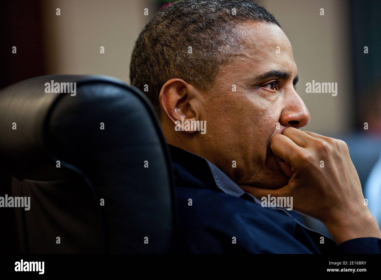 US President Barack Obama listens during one in a series of meetings discussing the mission against Osama bin Laden, in the Situation Room of the White House, May 1, 2011. Photo by Pete Souza/ White House via ABACAPRESS.COM Stock Photo