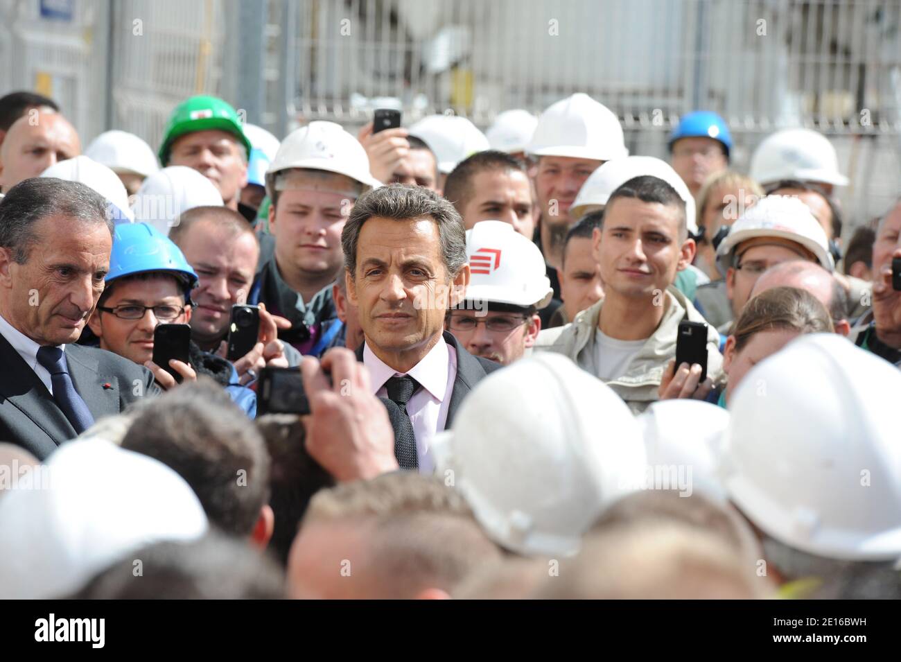 French president Nicolas Sarkozy flanked by CEO of EDF (Electricite de France) French Henri Proglio speaks to employees of the nuclear power station of Gravelines, northern France, on May 3, 2011 during his visit at the site. Photo by Thierry Orban/ABACAPRESS.COM Stock Photo