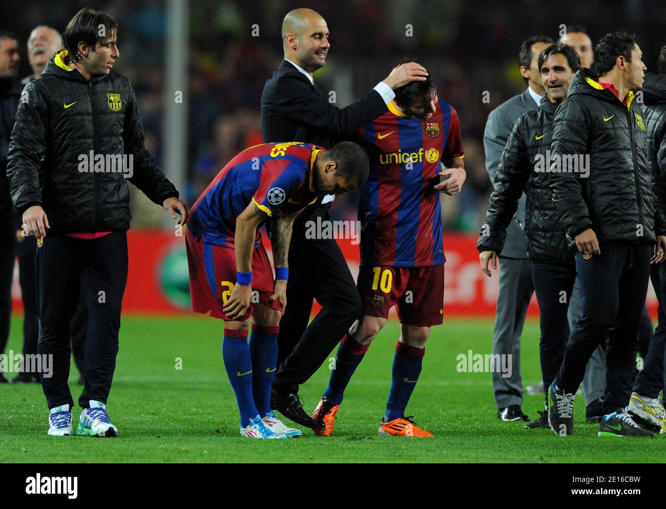 Barcelona's coach Pep Guardiola celebrates with Lionel Messi during the UEFA  Champions League Semi Final, second leg soccer match, FC Barcelona Vs Real  Madrid at Nou Camp in Barcelona, Spain on May