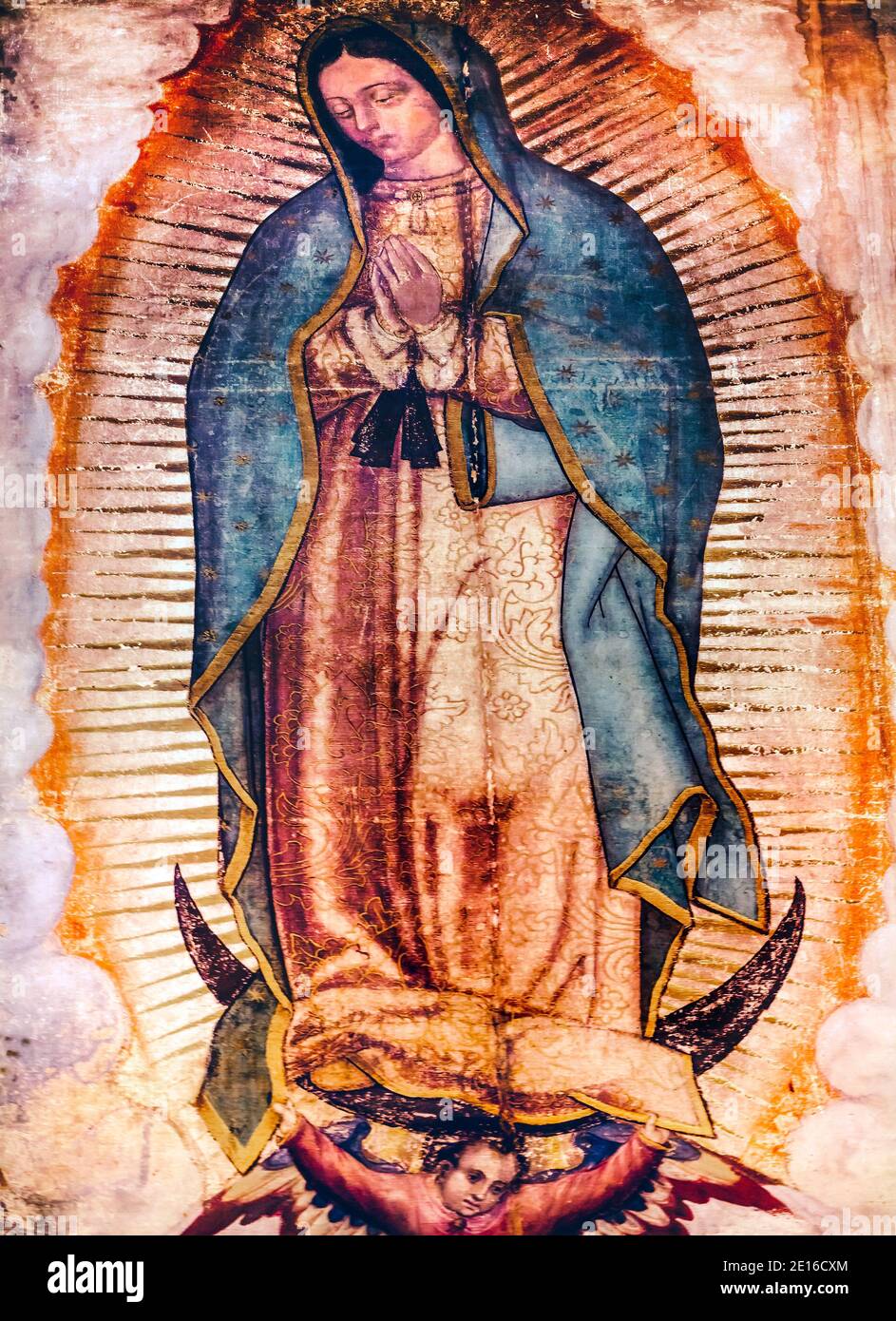 Original Virgin Mary Guadalupe Painting which was revealed by Indian Peasant Juan Diego in 1531 to Catholic Bishop. New Shrine of the Guadalupe, Mexic Stock Photo