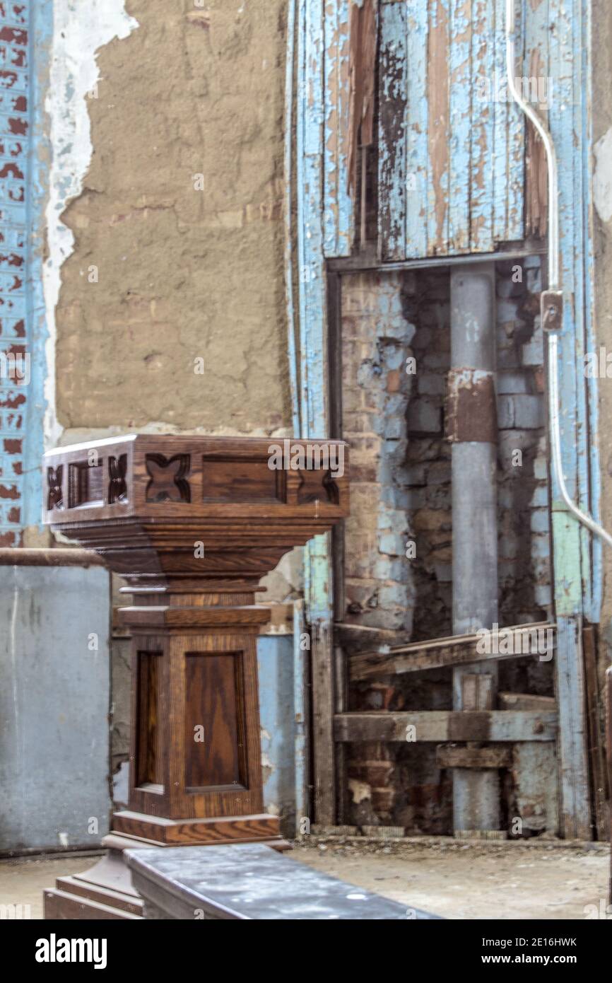 Mansfield, Ohio, USA - April 18, 2017: Empty pulpit at the abandoned Ohio State Penitentiary. The abandoned prison is now a tourist attraction. Stock Photo