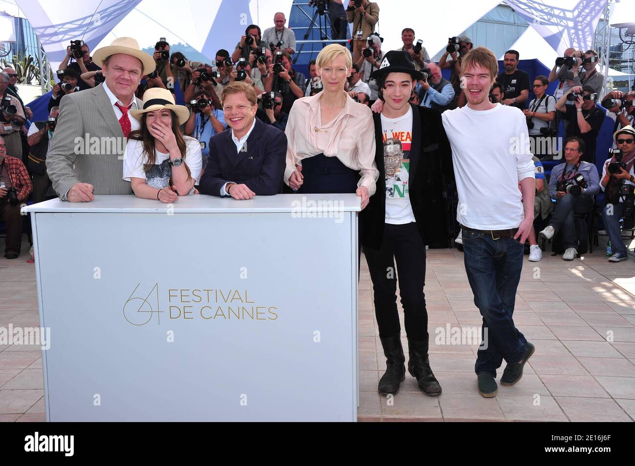 (L-R) John C. Reilly, director Lynne Ramsay, writer Rory Kinnear, Tilda Swinton, Ezra Miller and producer Luc Roeg at a photocall for the film 'We need to talk about Kevin' as part of the 64th Cannes International Film Festival, in Cannes, southern France on May 12, 2011. Photo by Hahn-Nebinger-Genin/ABACAPRESS.COM Stock Photo