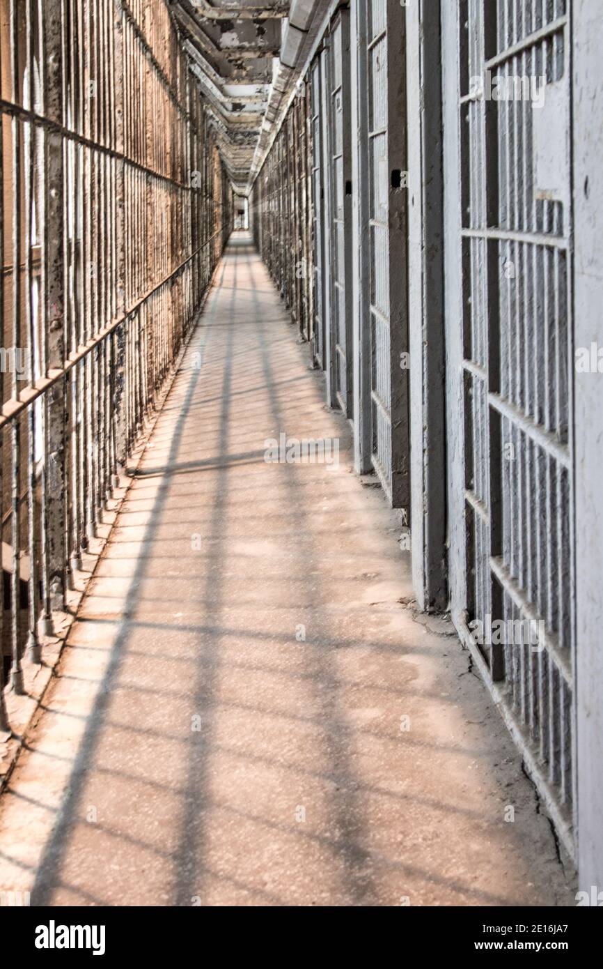 Mansfield, Ohio, USA - Cell block at the Ohio State Reformatory now open to tourists is touted as one of the most haunted places in the United States. Stock Photo