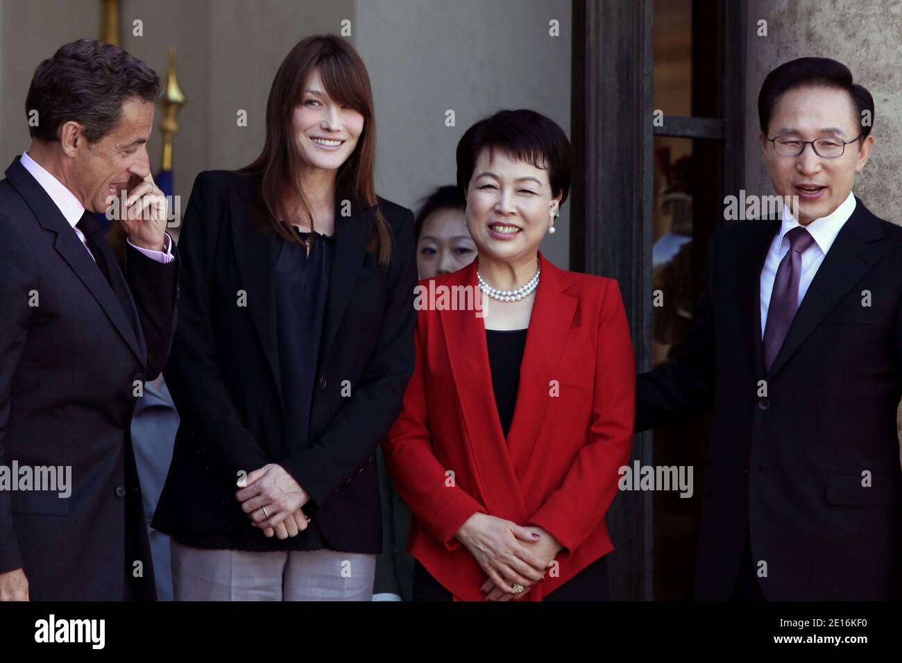 French President Nicolas Sarkozy, his wife Carla Bruni-Sarkozy and South Korea's counterpart, Lee Muyng-Bak ant his wife Kim Yun-ok are pictured after a lunch at the presidential Elysee palace in Paris, France on May 13, 2011. Photo by Stephane Lemouton/ABACAPRESS.COM Stock Photo