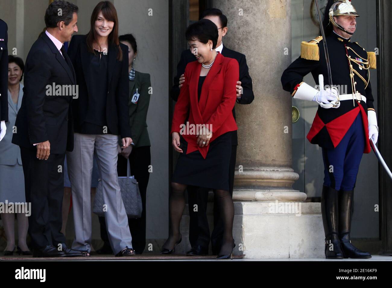 French President Nicolas Sarkozy, his wife Carla Bruni-Sarkozy and South Korea's counterpart, Lee Muyng-Bak ant his wife Kim Yun-ok are pictured after a lunch at the presidential Elysee palace in Paris, France on May 13, 2011. Photo by Stephane Lemouton/ABACAPRESS.COM Stock Photo