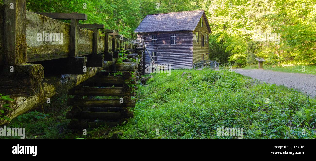 Historic Grist Mill Panorama. Exterior of historic Mingus Mill in the Great Smoky Mountains National Park. Stock Photo
