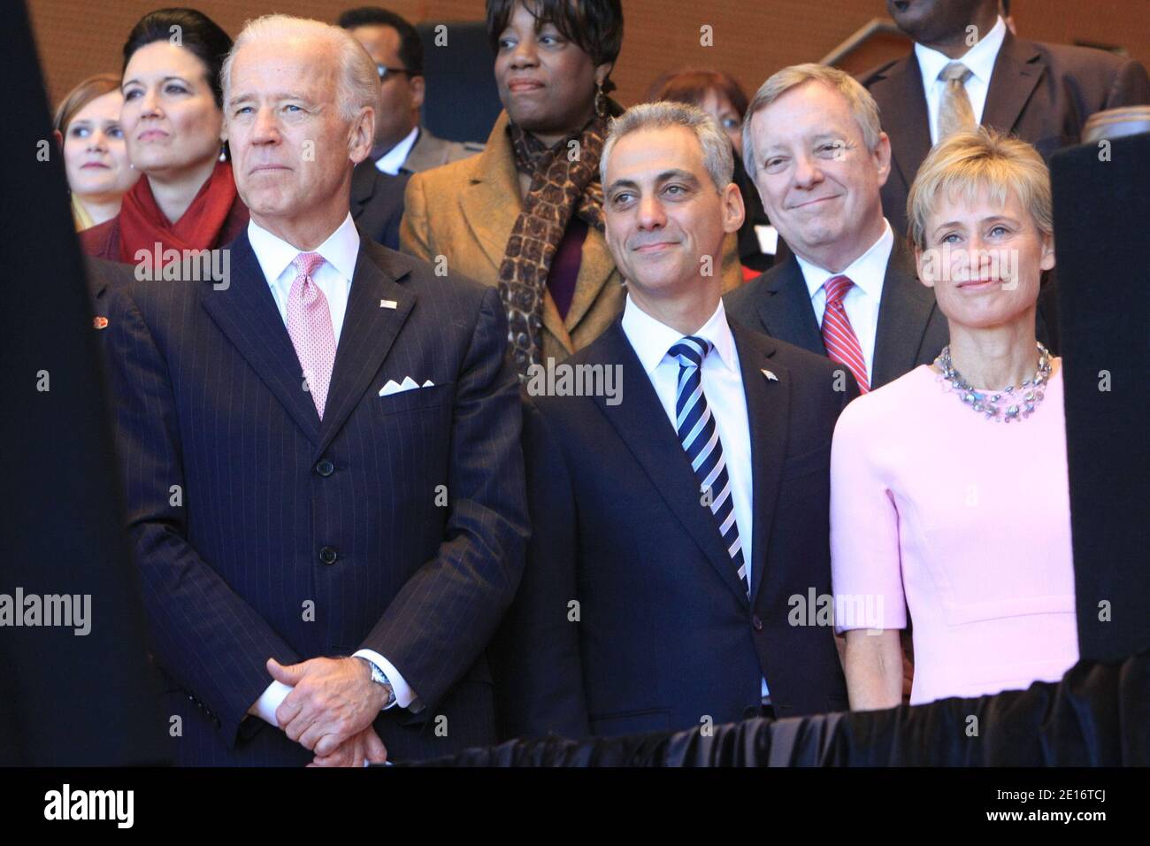 Joe Biden, Mayor-elect Rahm Emanuel and his wife Amy Rule Emanuel, during the swearing-in ceremony at Millenium Park in Chicago, Illinois on May 16, 2011. Photo by Alexandra Buxbaum/ABACAPRESS.COM Stock Photo