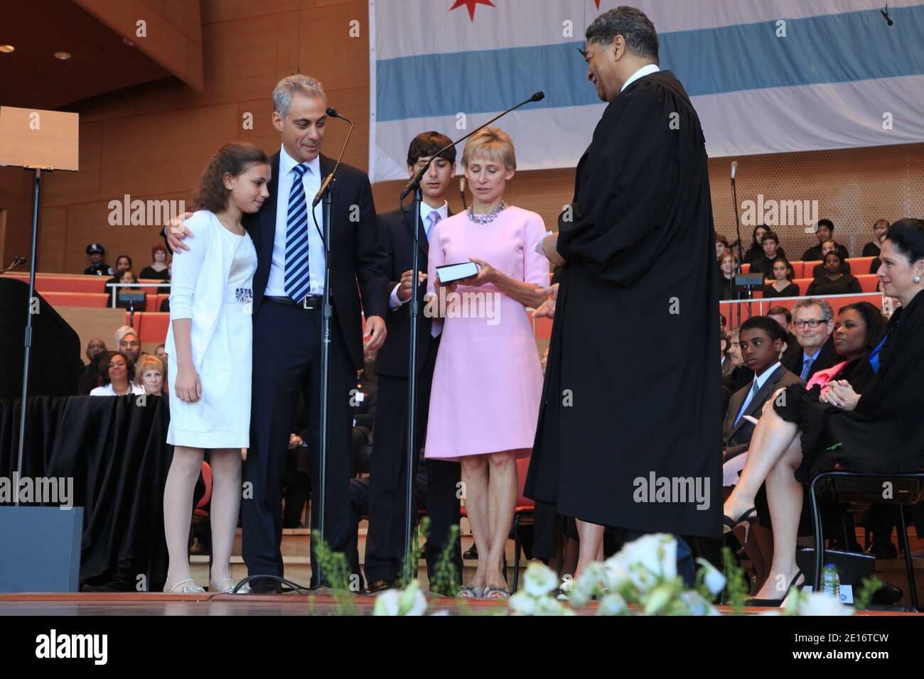 Mayor-elect Rahm Emanuel, wife Amy Rule Emanuel and children on the stage for a swearing-in ceremony at Millenium Park in Chicago, Illinois on May 16, 2011. Photo by Alexandra Buxbaum/ABACAPRESS.COM Stock Photo