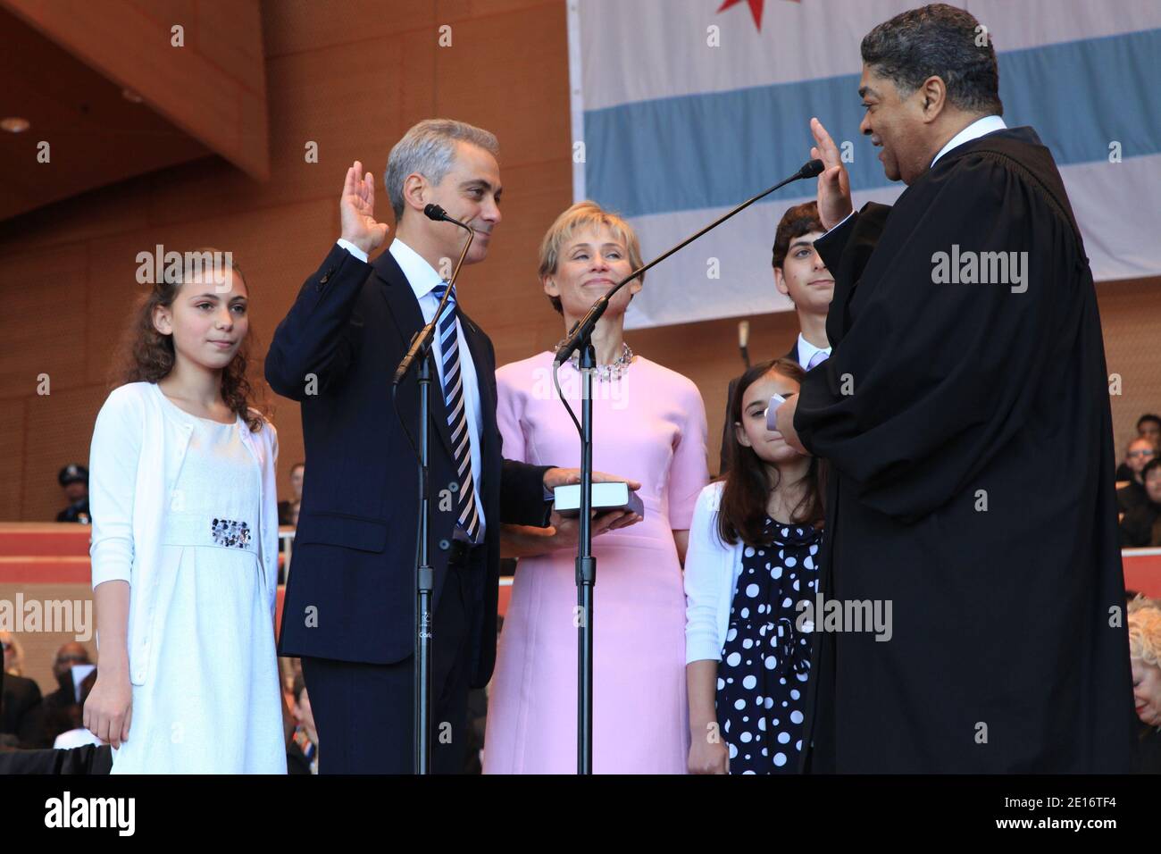 Mayor-elect Rahm Emanuel, wife Amy Rule Emanuel, children and Judge Timothy C. Evans on the stage for a swearing-in ceremony at Millenium Park in Chicago, Illinois on May 16, 2011. Photo by Alexandra Buxbaum/ABACAPRESS.COM Stock Photo