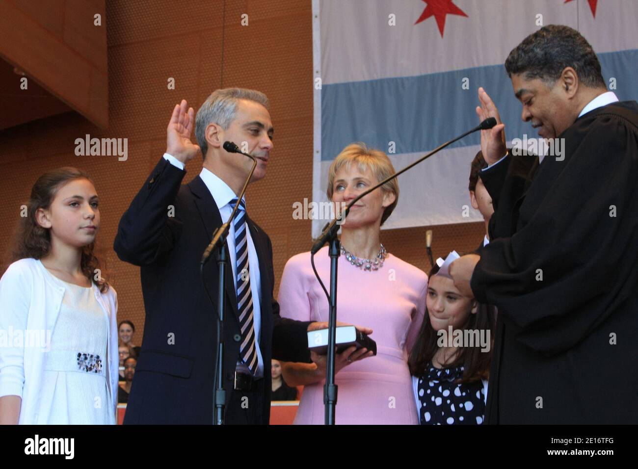 Mayor-elect Rahm Emanuel, wife Amy Rule Emanuel, children and Judge Timothy C. Evans on the stage for a swearing-in ceremony at Millenium Park in Chicago, Illinois on May 16, 2011. Photo by Alexandra Buxbaum/ABACAPRESS.COM Stock Photo