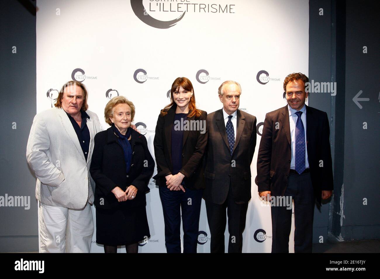 French actor Gerard Depardieu, former first lady Bernadette Chirac, French First Lady Carla Bruni-Sarkozy, Culture Minister Frederic Mitterrand and Minister for National Education, Youth and Voluntary Organizations Luc Chatel pose before the launch of Bruni-Sarkozy's foundation to combat illiteracy at Centre Pompidou modern art museum, also known as Beaubourg, in Paris, France on May 17, 2011. French President Nicolas Sarkozy's father, Pal Sarkozy was quoted by a German newspaper Bild today as saying that first lady Carla Bruni is expecting a child, apparently confirming the subject of weeks o Stock Photo