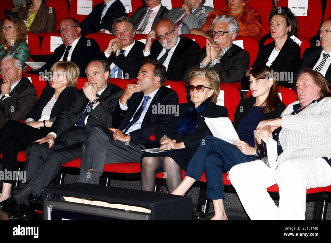 French Minister for Apprenticeships and Vocational Training Nadine Morano, Culture Minister Frederic Mitterrand, Minister for National Education, Youth and Voluntary Organizations Luc Chatel, former first lady Bernadette Chirac, French First Lady Carla Bruni-Sarkozy, actor Gerard Depardieu attend the launch of Bruni-Sarkozy's foundation to combat illiteracy at Centre Pompidou modern art museum, also known as Beaubourg, in Paris, France on May 17, 2011. French President Nicolas Sarkozy's father, Pal Sarkozy was quoted by a German newspaper Bild today as saying that first lady Carla Bruni is exp Stock Photo