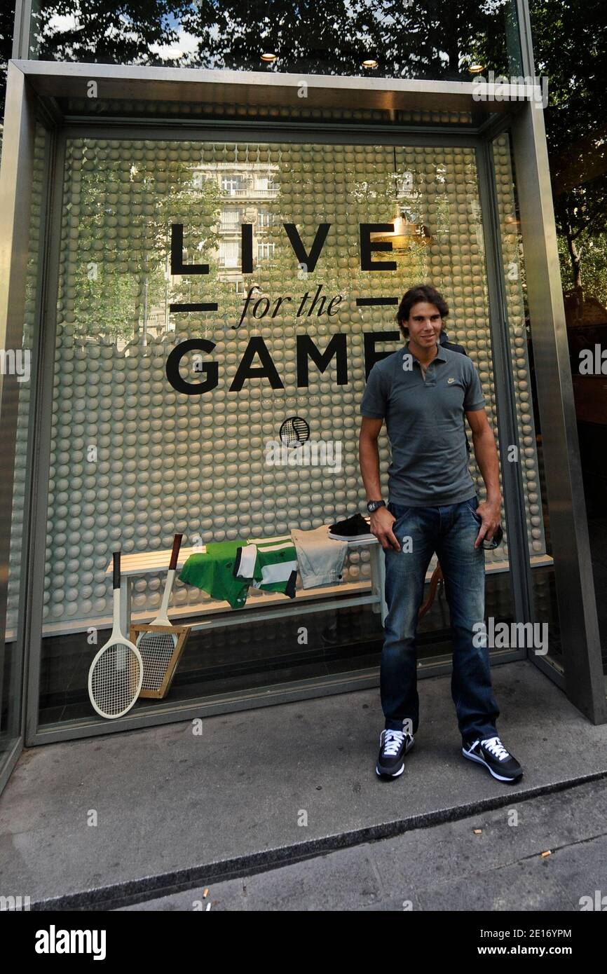 Spain's Rafael Nadal presents his new Nike Jersey in Nike store on the  Champs Elysees, Paris,