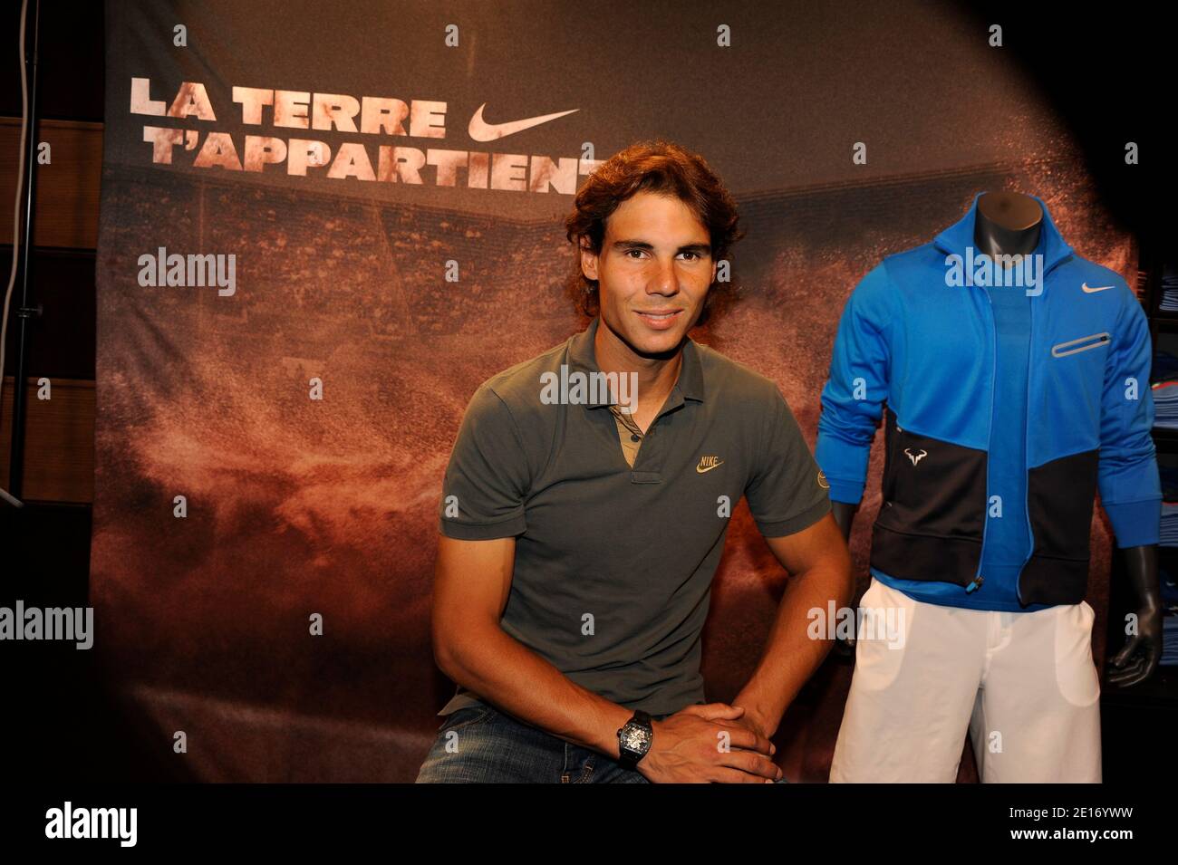 Spain's Rafael Nadal presents his new Nike Jersey in Nike store on the  Champs Elysees, Paris,