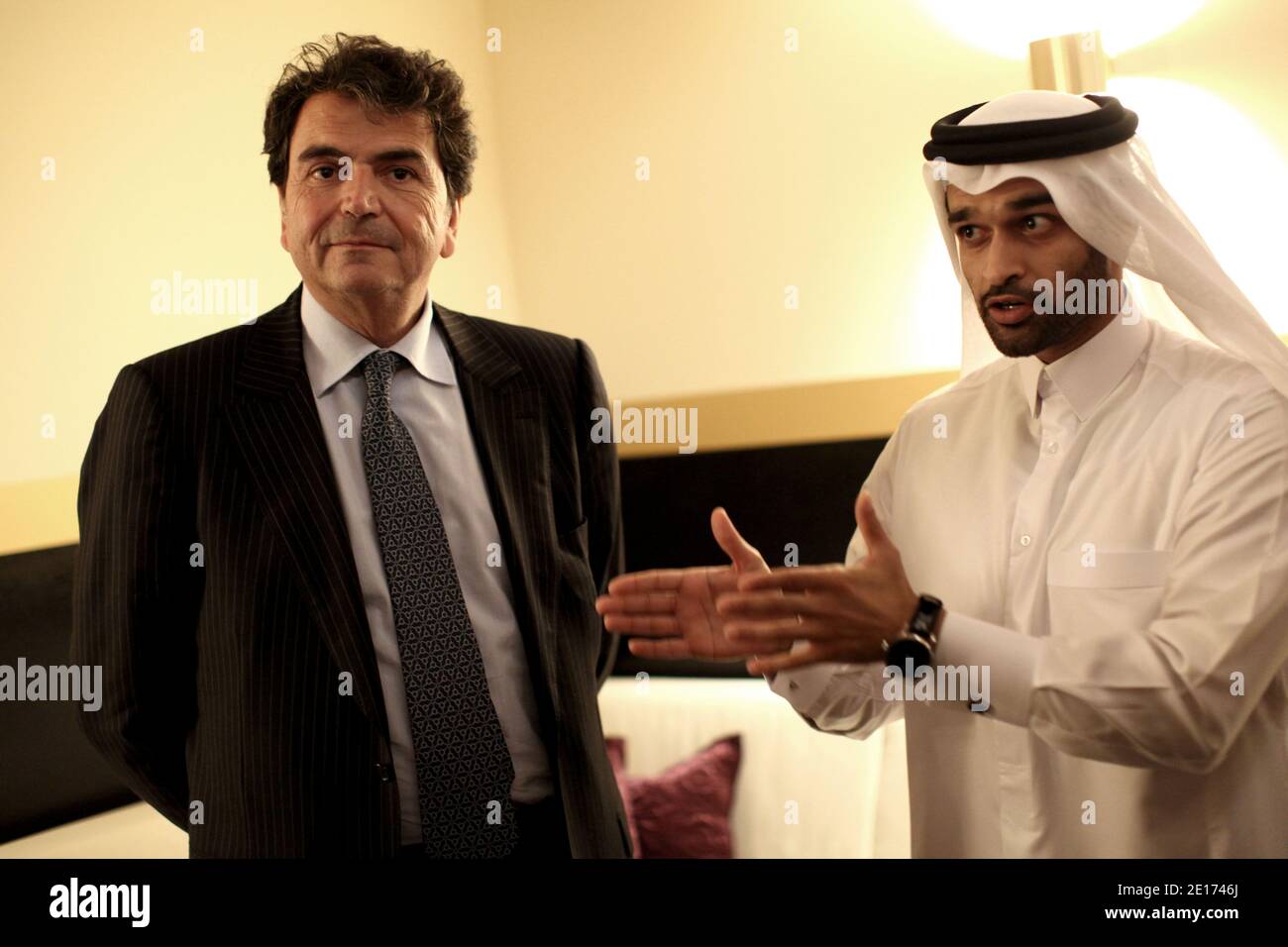French Secretary of State in charge of the foreign Trade, Pierre Lellouche meets the secretary-general of the supreme committee for the organization of the world cup of football 2022, Hassan Al-Thawadi, in Aspire, Qatar, on May 22, 2011. Photo by Stephane Lemouton/ABACAPRESS.COM Stock Photo