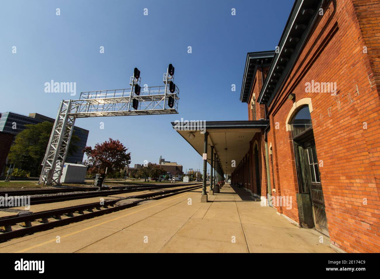 Historic train station depot and tracks with diminishing perspective. Stock Photo