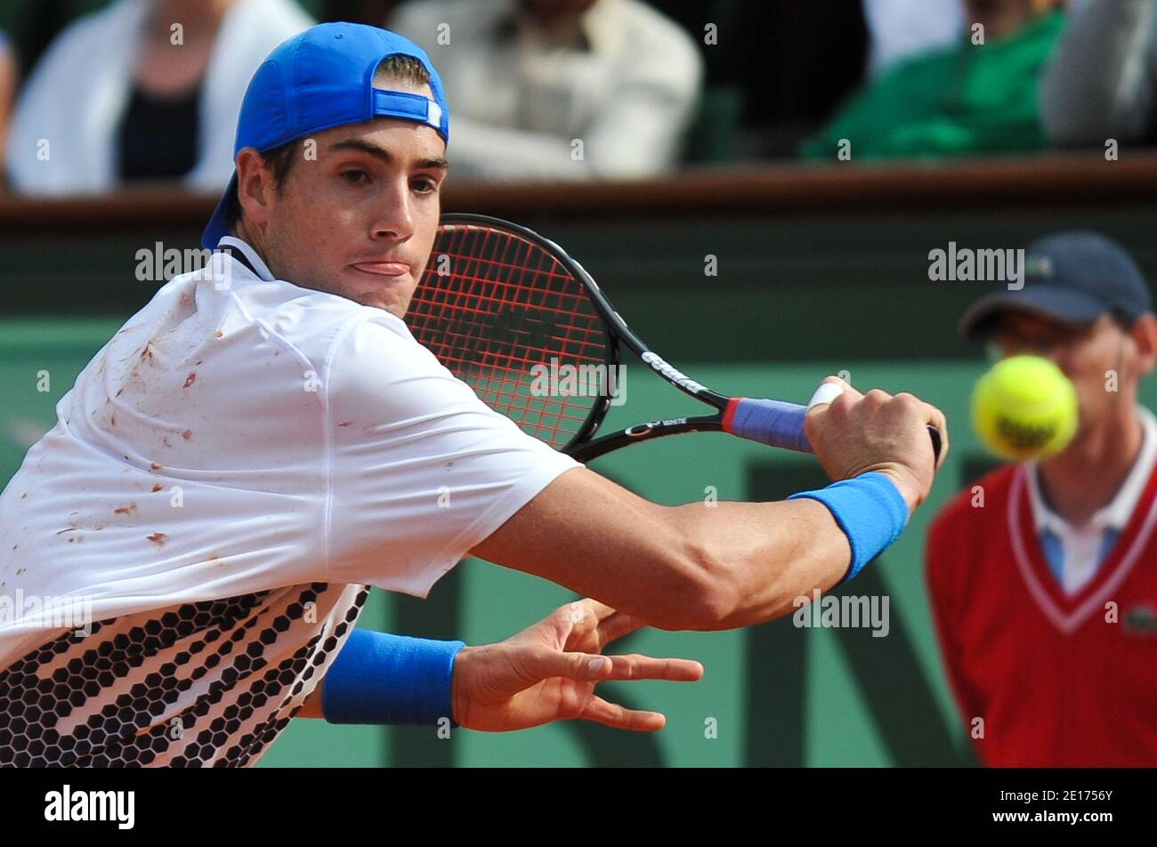 USA's John Isner is defeated by Spain's Rafael Nadal, 6-4, 6-7, 6-7, 6-2,  6-4, in their First Round Men's singles, Day 3, at the 2011 French Open  tennis championship at Roland Garros
