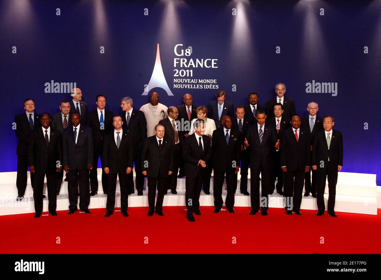 First row from L) Ivory Coast's President Alassane Ouattara, Guinean President Alpha Conde, Russian President Dmitry Medvedev, Algerian President Abdelaziz Bouteflika, French President Nicolas Sarkozy, Senegalese President Abdoulaye Wade, US President Barack Obama, Niger's President Mahamadou Issoufou and UN General Secretary Ban Ki-Moon, (second row from L) Jose Manuel Barroso, Head of the European Commission, Egyptian Prime Minister Essam Sharaf, British Prime Minister David Cameron and Canadian Prime Minister Stephen Harper, Ethiopia's Prime Minister Meles Zenawi, German Chancellor Angela M Stock Photo