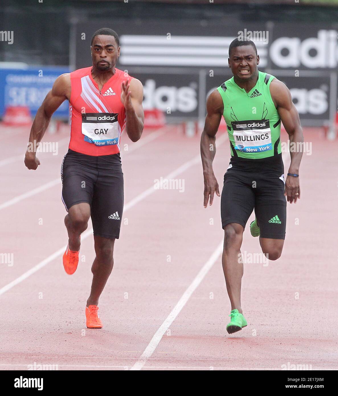 Tyson Gay and Steve Mullings race the 100-meter mens during the adidas  Grand Prix at
