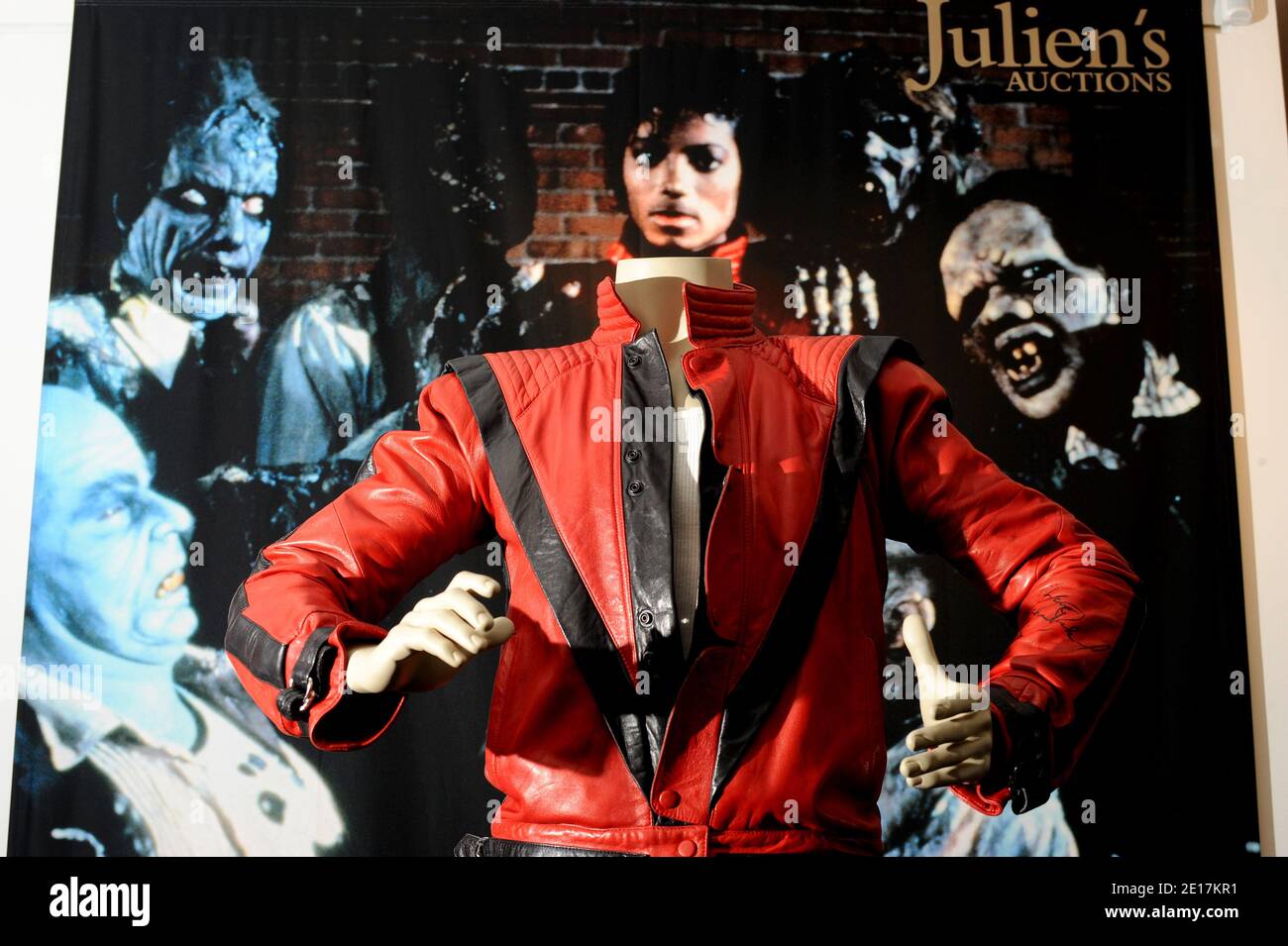 Michael Jackson's video-worn 'Thriller' jacket to be offered to the public on Saturday, June 25, 2011 and Sunday, June 26, 2011 at the Julien's Auctions Gallery in Beverly Hills, Los Angeles, CA, USA on June 13, 2011. The item 493 is estimated at $200.000 to $400.000. Photo by Lionel Hahn/ABACAPRESS.COM Stock Photo