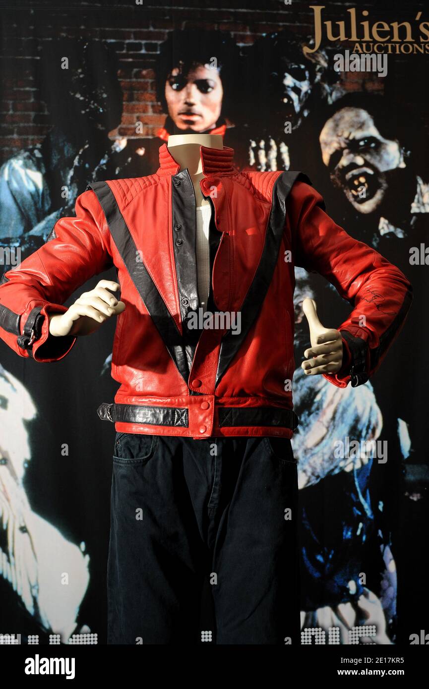Michael Jackson's video-worn 'Thriller' jacket to be offered to the public on Saturday, June 25, 2011 and Sunday, June 26, 2011 at the Julien's Auctions Gallery in Beverly Hills, Los Angeles, CA, USA on June 13, 2011. The item 493 is estimated at $200.000 to $400.000. Photo by Lionel Hahn/ABACAPRESS.COM Stock Photo